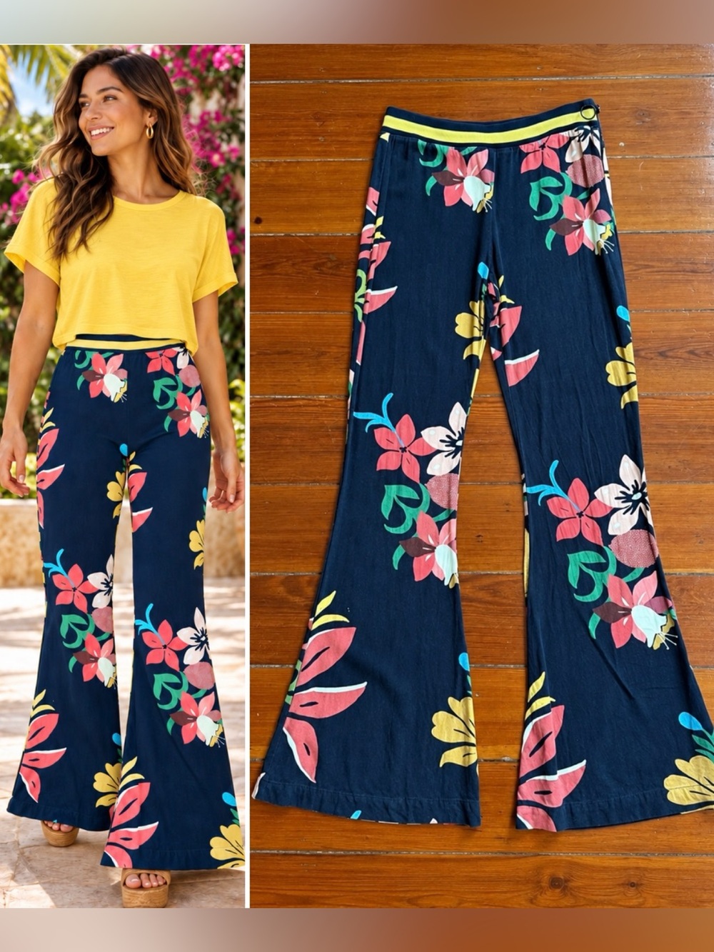 Farm Rio x Anthropologie Calla Floral Flare Pants Navy Sz XS 💛🍄